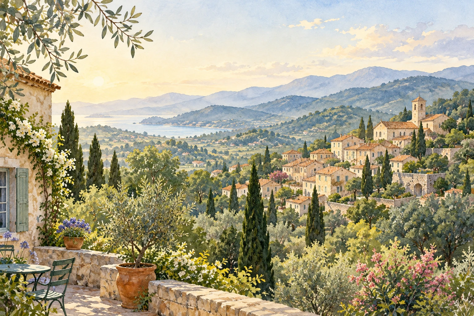 Un village entre collines et mer, peint à l’aquarelle. Illustration générée.